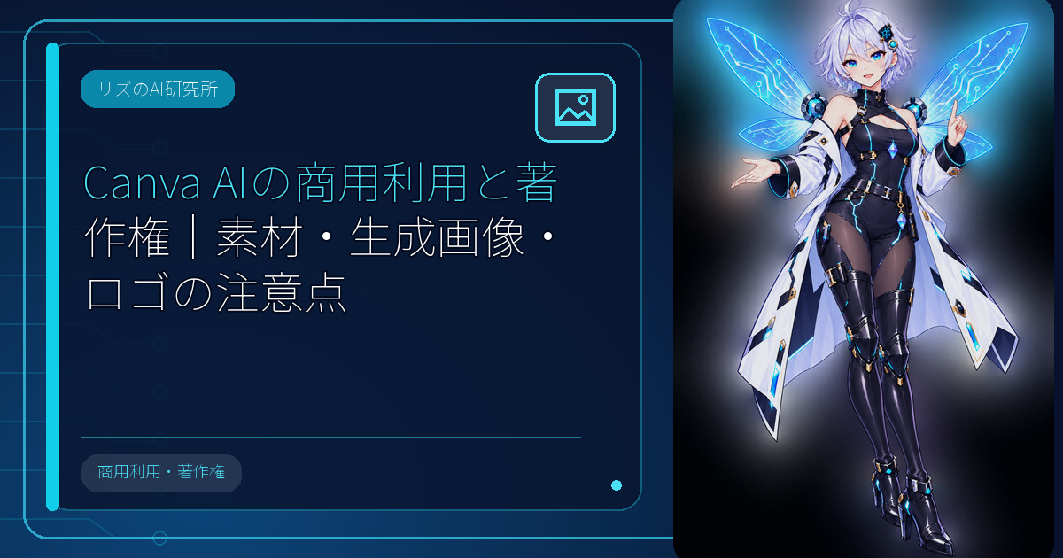 AI妖精リズがCanva AIの商用利用と著作権の注意点を解説するアイキャッチ
