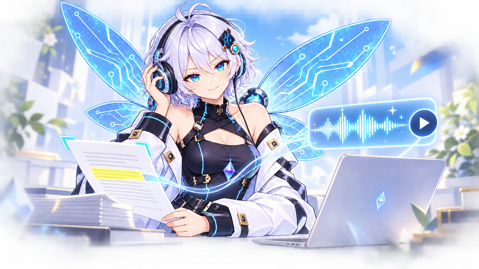 リズが資料の根拠を確かめながら音声解説を聞くイラスト