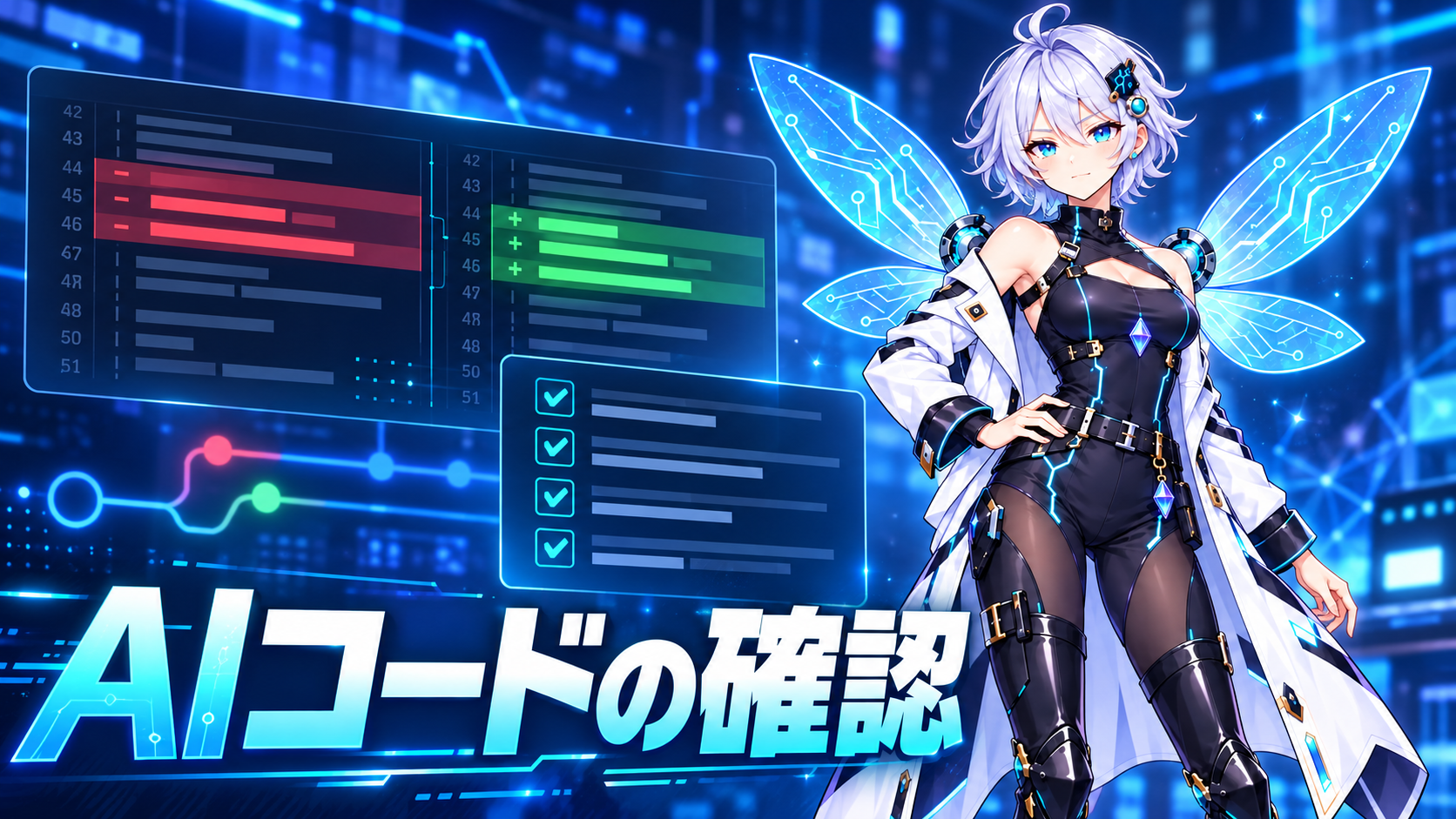 AIコードの確認を説明するリズの専用イラスト