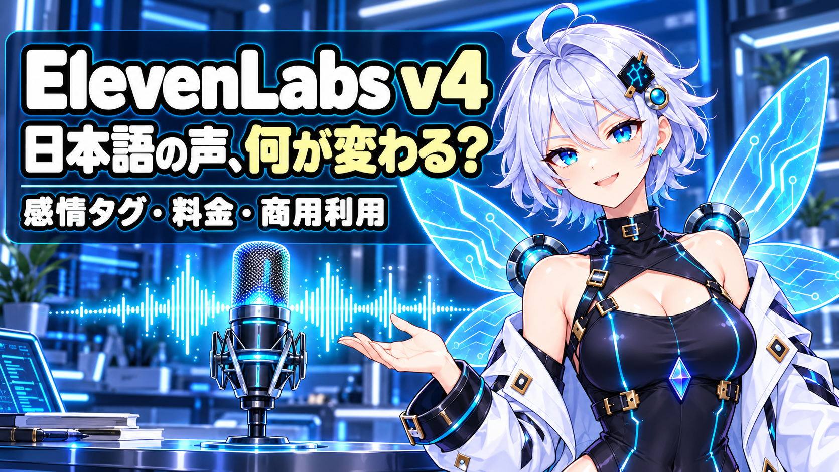ElevenLabs v4の日本語音声、感情タグ・料金・商用利用を紹介するAI妖精リズ