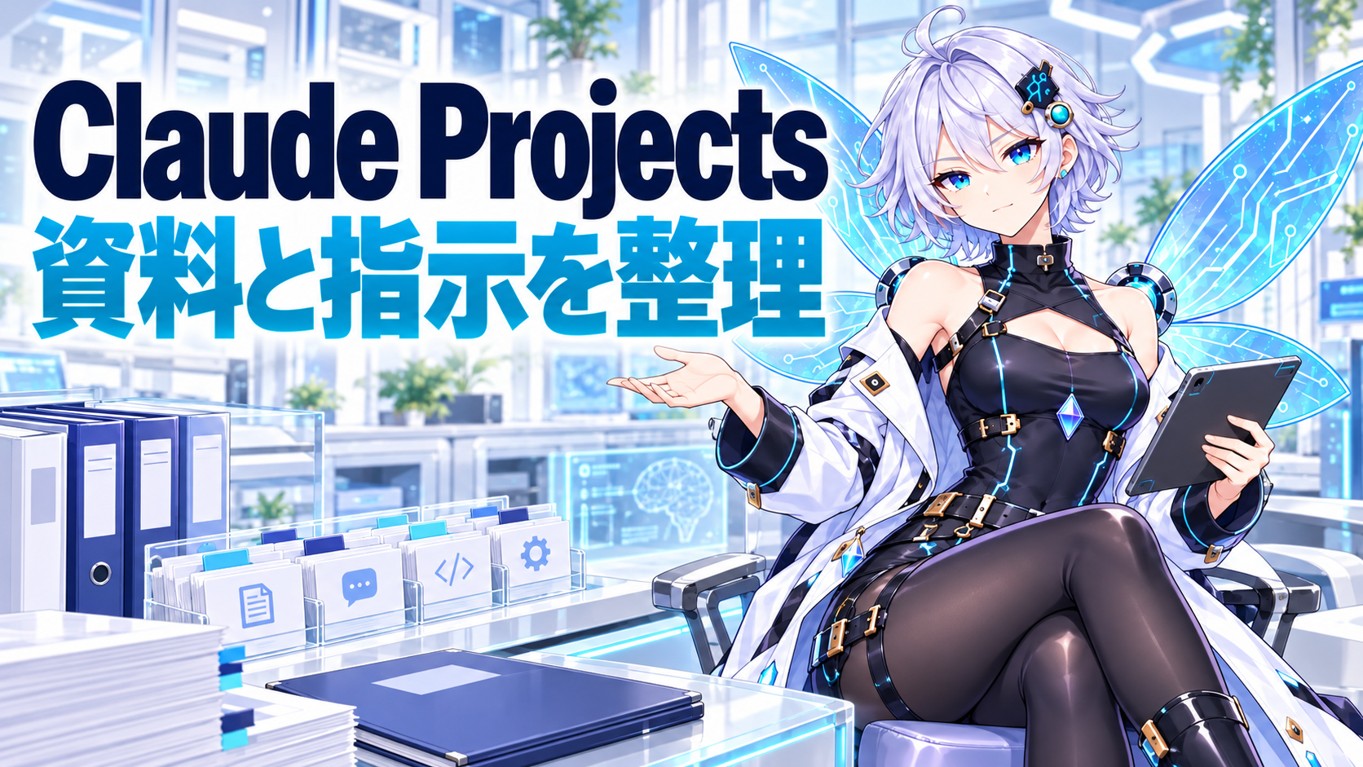 リズがClaude Projectsの資料と指示を分けて整理するイラスト