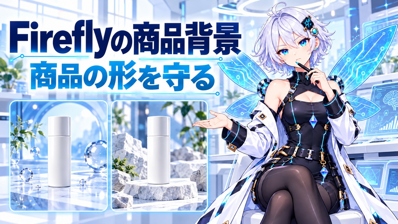 リズがFireflyの商品背景と商品の輪郭を確認するイラスト