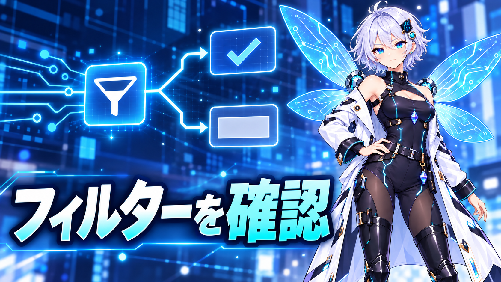 リズがMakeのフィルター条件と空欄の確認を案内するイラスト