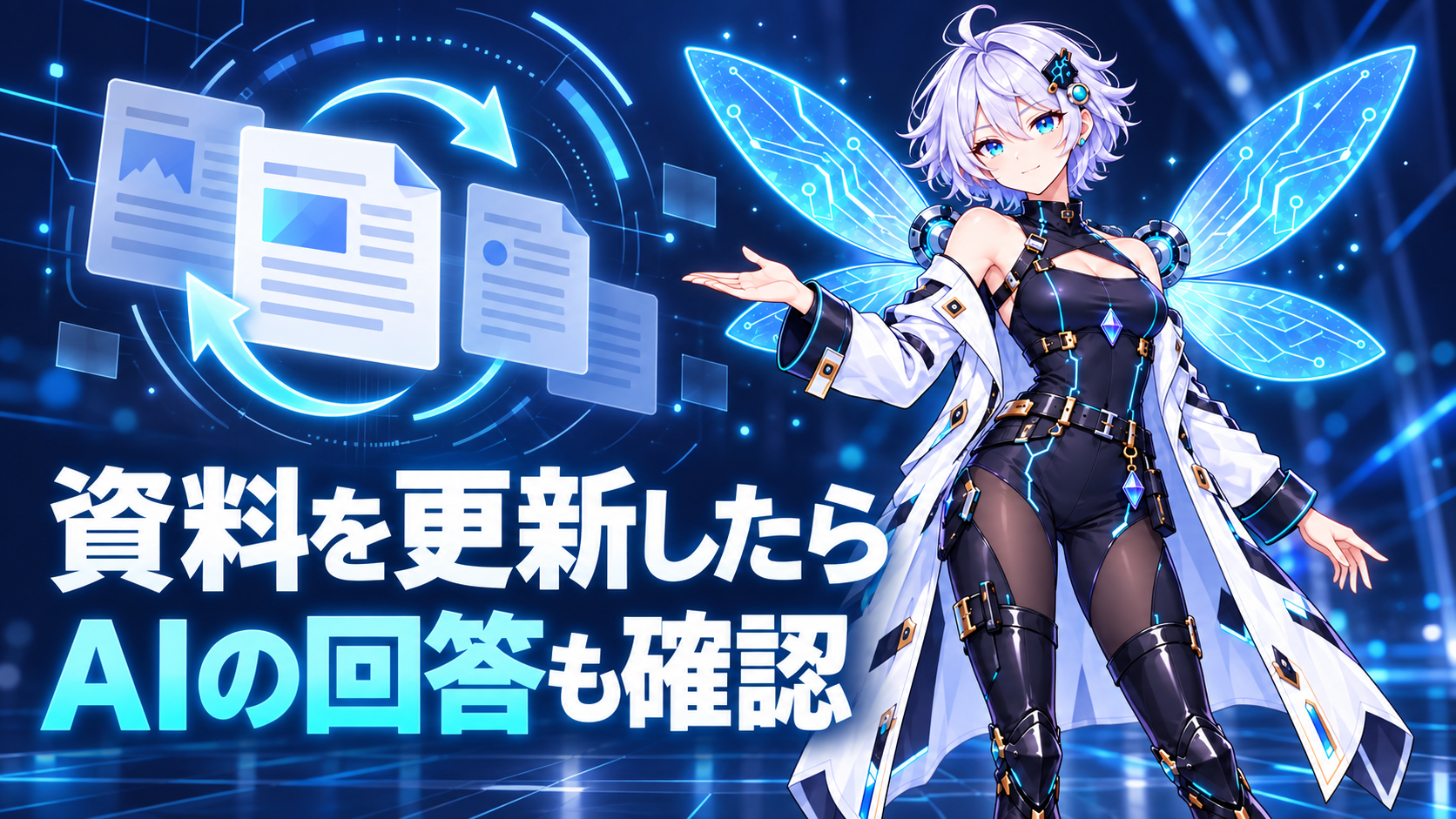 リズが更新済み資料とAI回答を照合する図